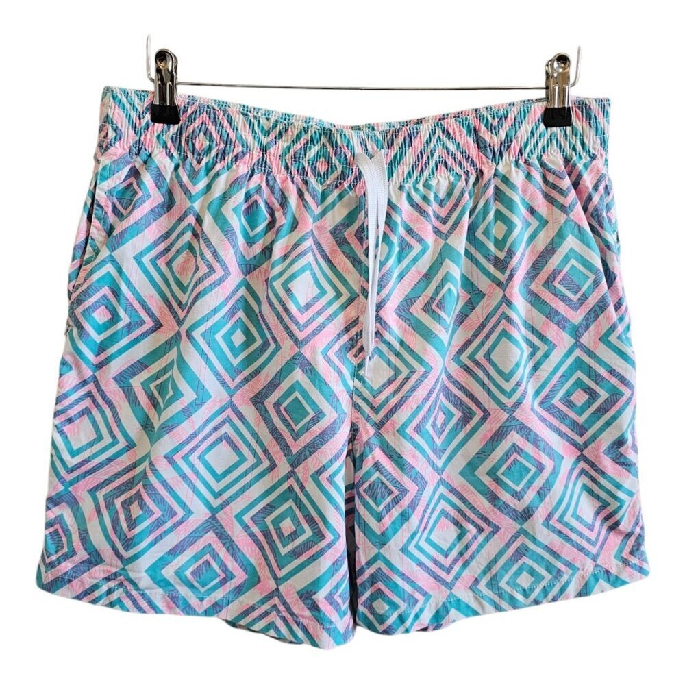 Chubbies Geometric Diamond Palm Tree Retro Turquoise/Pink Trunks w/Pockets XL